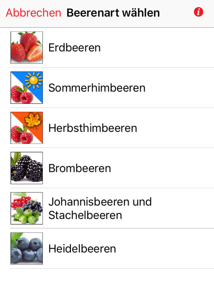 iOS Spritzmittelrechner Beerenbau Auswahl