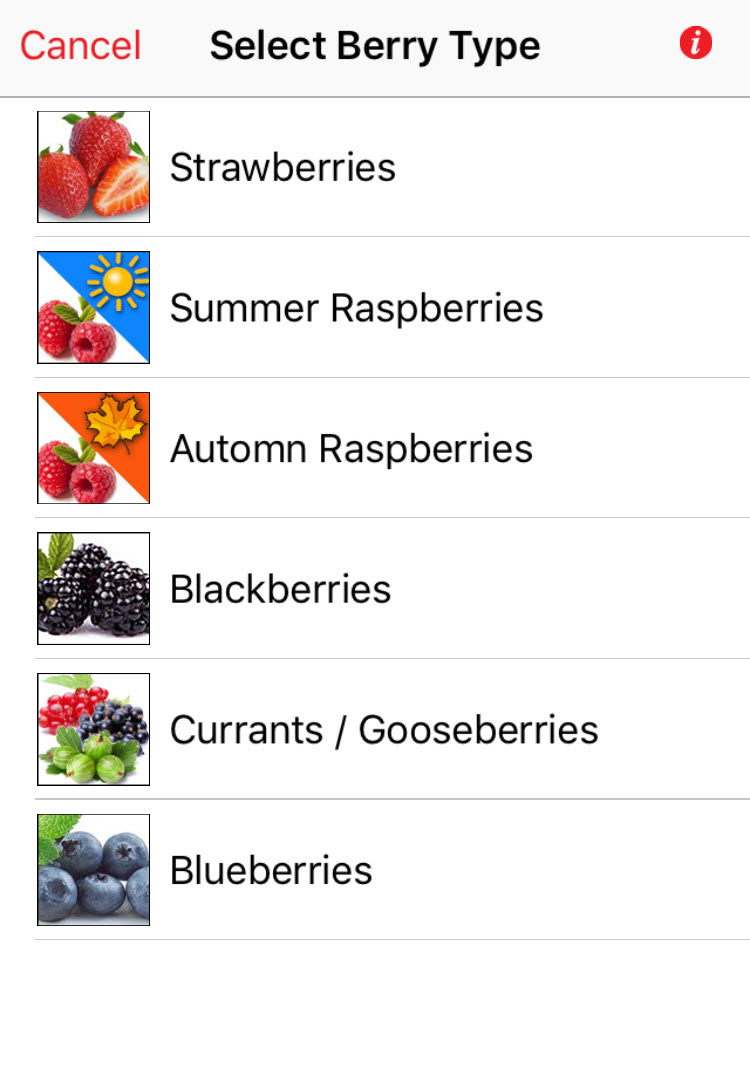 iOS Spraycalculator Berries selection