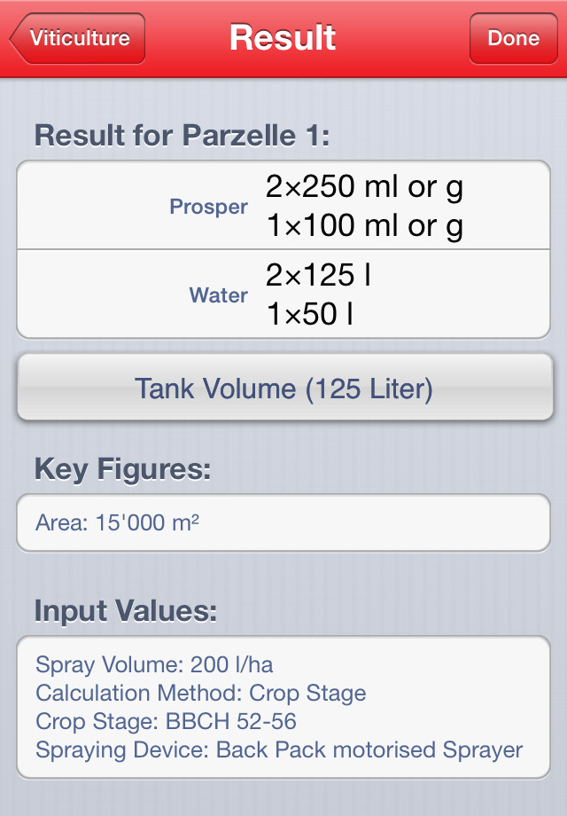 iOS Spraycalculator Viticulture Result