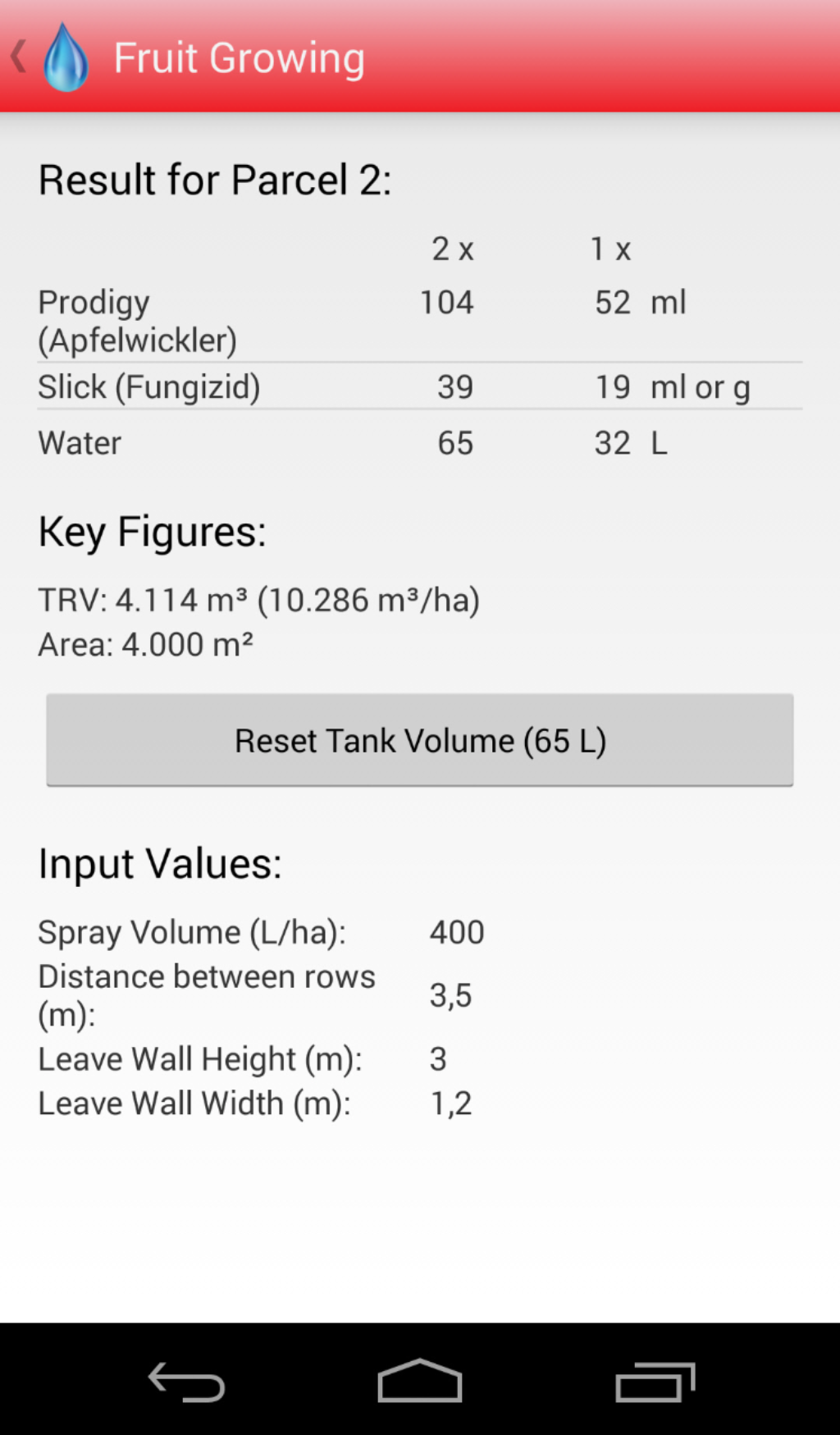 Android Spraycalculator Fruit Growing Result