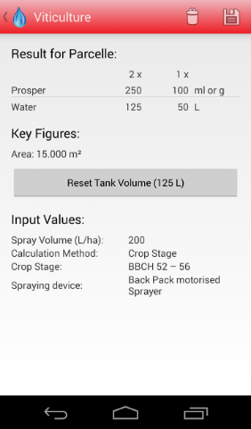 Android Spraycalculator Viticulture Result
