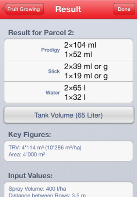 iOS Spraycalculator Fruit Growing Result