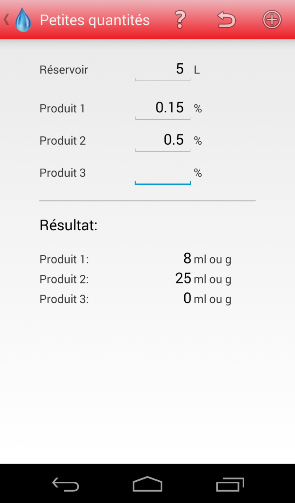 Android Calculateur de dose de produits phytosanitaires Petites quantités