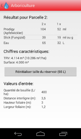Android Calculateur de dose de produits phytosanitaires Arboriculture Résultat