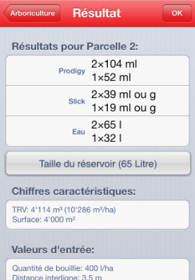 iOS Calculateur de dose de produits phytosanitaires Arboriculture Résultat