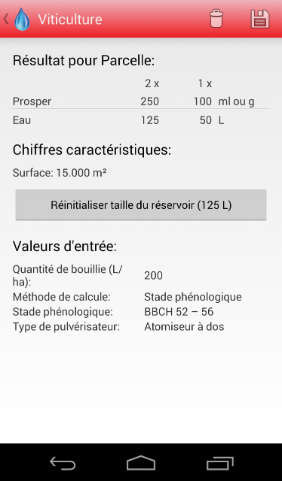 Android Calculateur de dose de produits phytosanitaires Viticulture Résultat