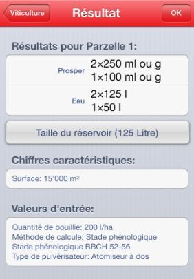 iOS Calculateur de dose de produits phytosanitaires Viticulture Résultat