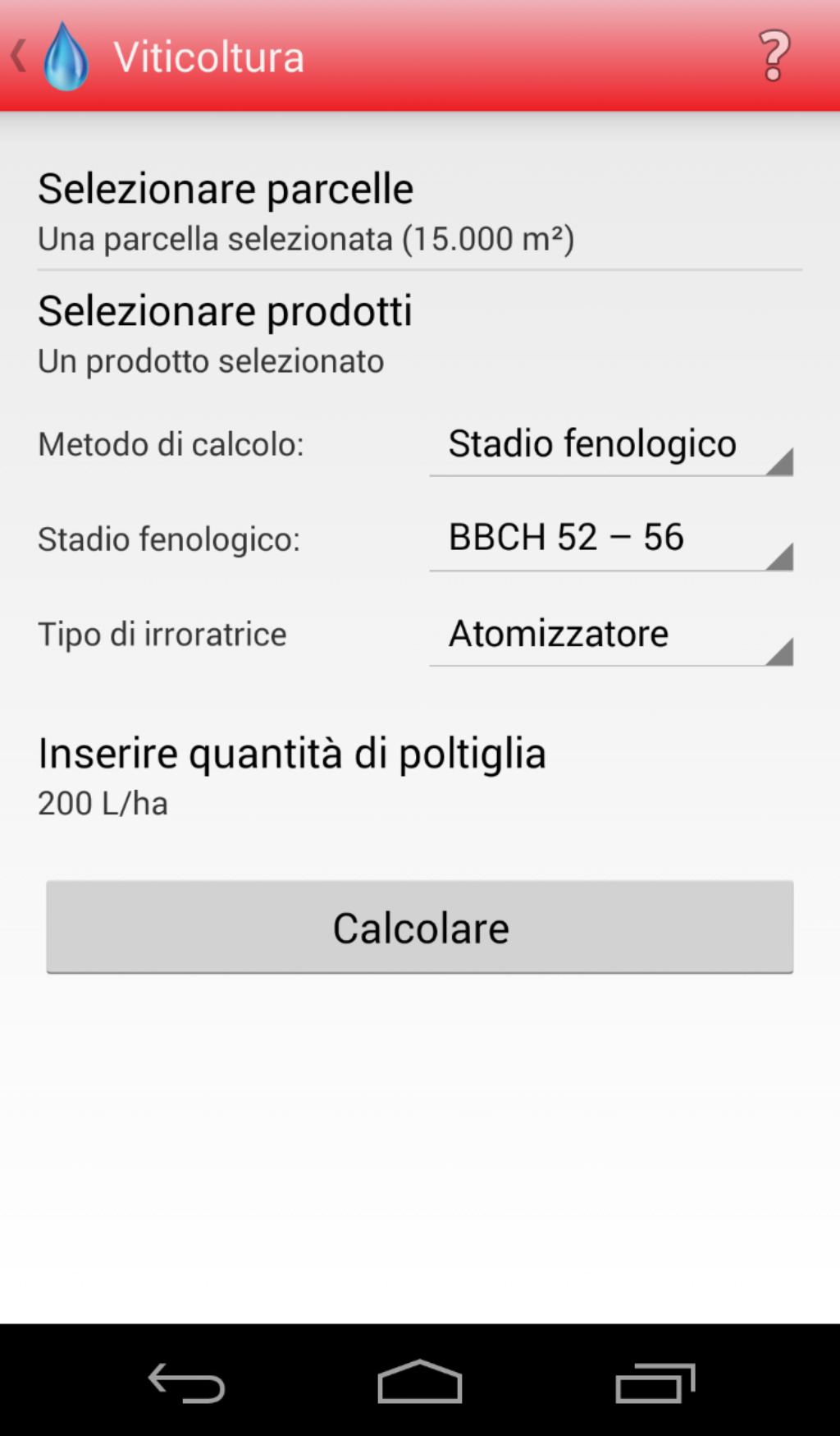 Android Calcolatore prodotti fitosanitari Viticoltura Calcolazione