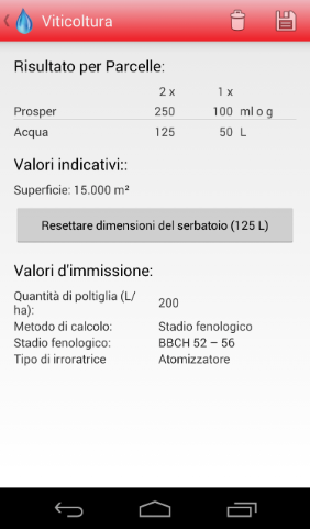 Android Calcolatore prodotti fitosanitari Viticoltura Risultato