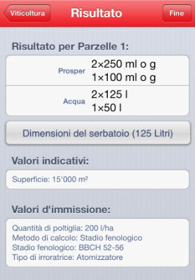 iOS Calcolatore prodotti fitosanitari Viticoltura Risultato