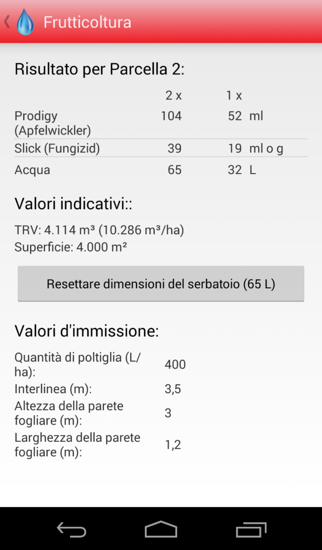 Android Calcolatore prodotti fitosanitari Frutticoltura Risultato