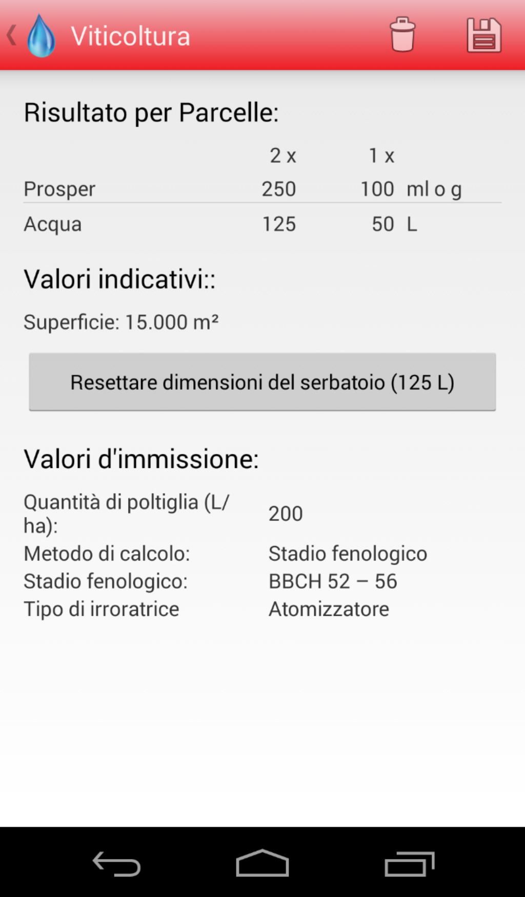 Android Calcolatore prodotti fitosanitari Viticoltura Risultato