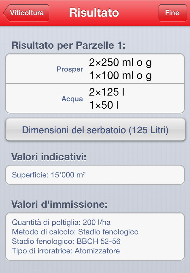 iOS Calcolatore prodotti fitosanitari Viticoltura Risultato